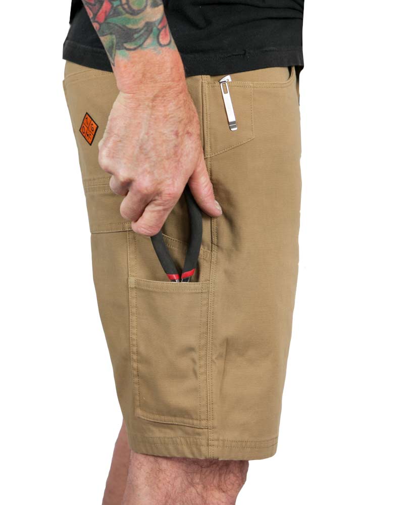 Off The Grid Surplus Havok Shorts 12-inch in Coyote color, side view showing durable fabric and functional design.