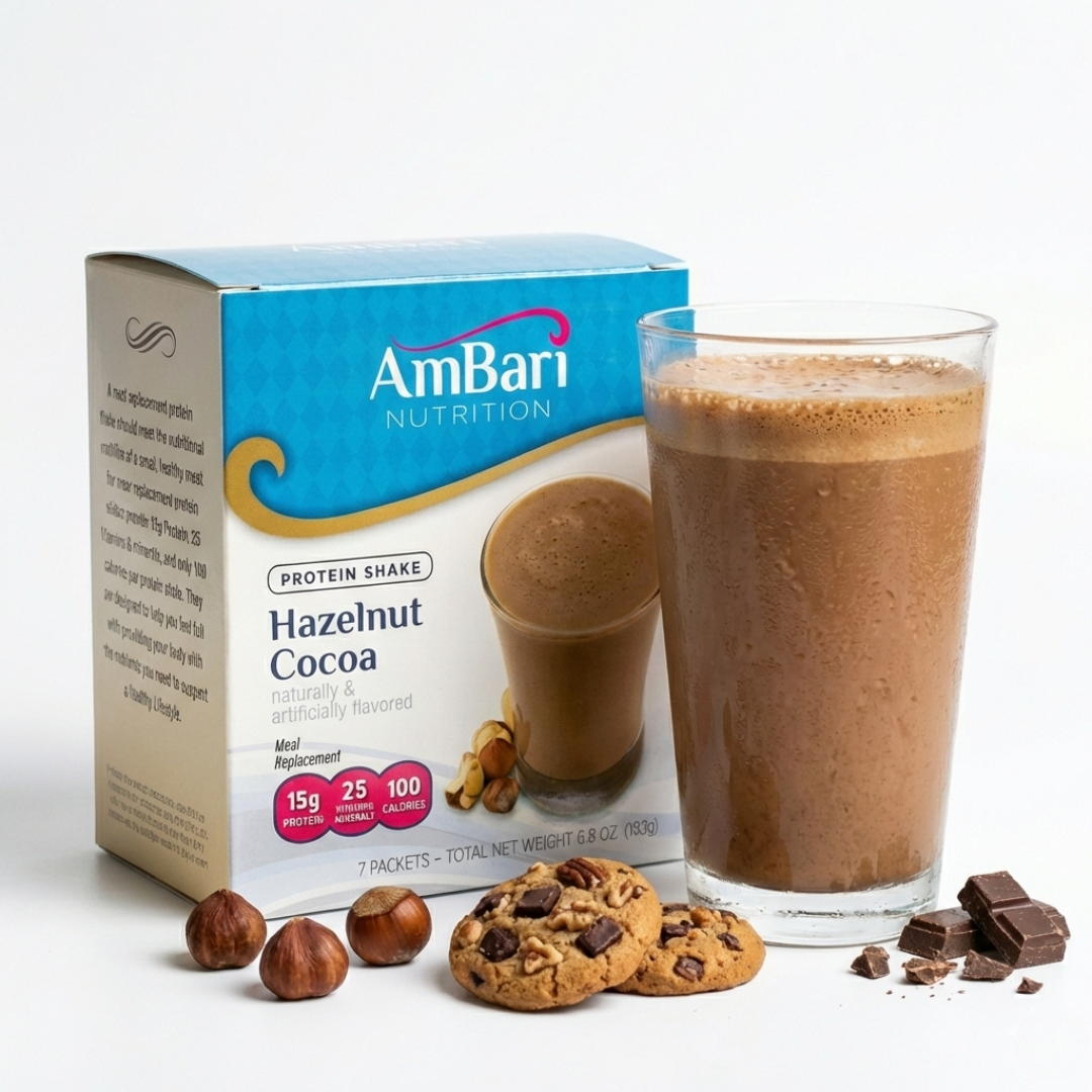 AmBari Nutrition hazelnut cocoa shake with 15g protein in a glass, showcasing rich hazelnut and cocoa flavors in a ready-to-drink shake.