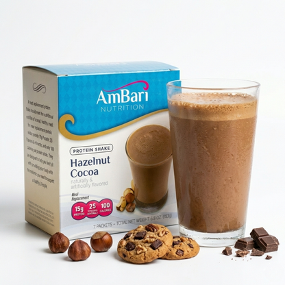 AmBari Nutrition hazelnut cocoa shake with 15g protein in a glass, showcasing rich hazelnut and cocoa flavors in a ready-to-drink shake.