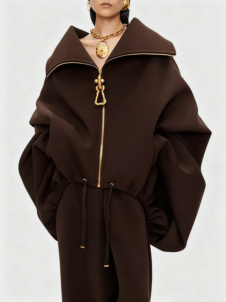 TWOTWINSTYLE Chic Splicing Personalized Zippers Trench Women Breathable Lapel Collar Long Sleeve Loose Coat Fashion