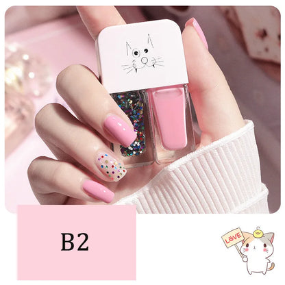 Blushimmer 2-in-1 candy color nail polish bottle with bright, water-based, quick-dry, waterproof, and lasting nail polish.
