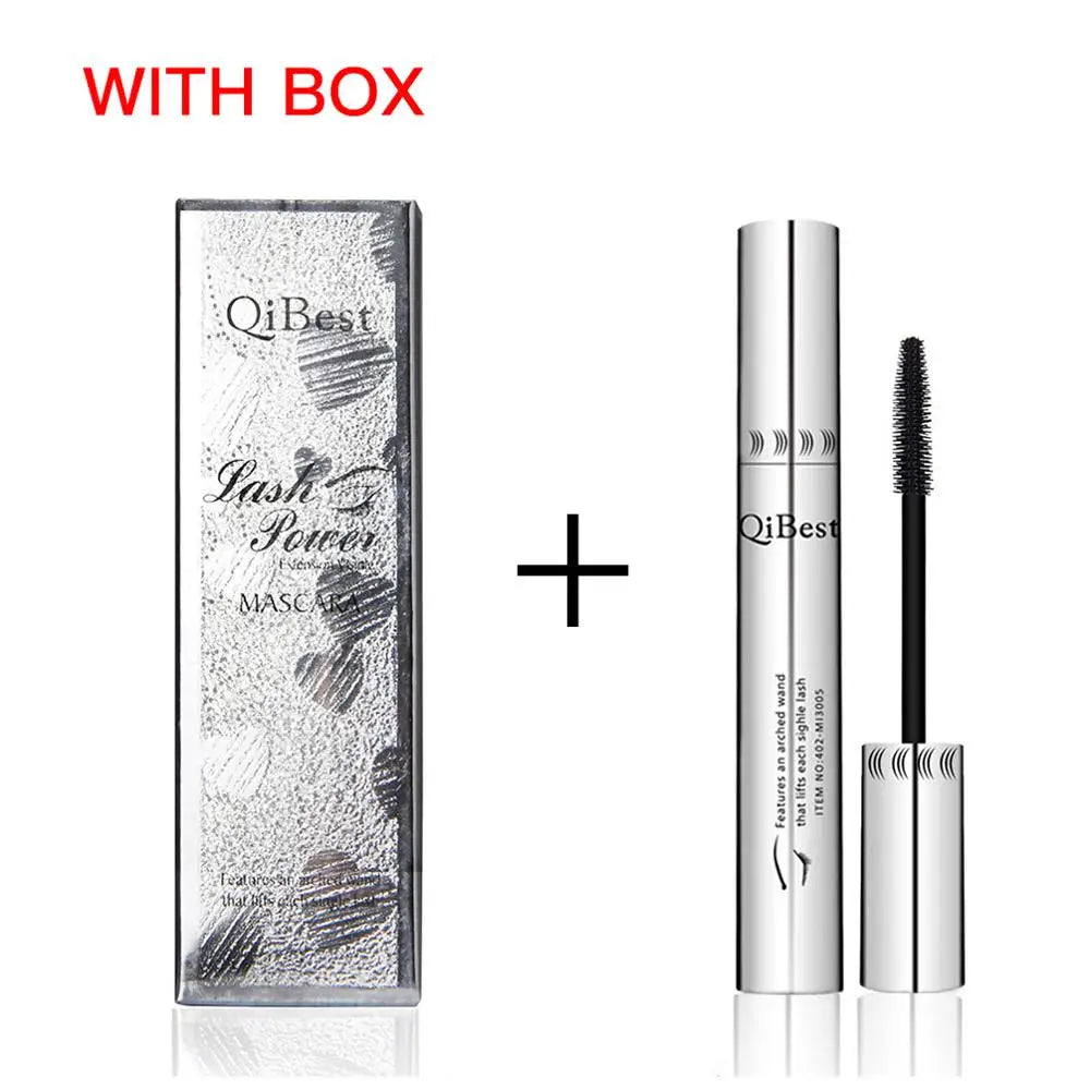 Blushimmer Qibest 4D Silk Fiber Waterproof Mascara in black with lengthening and volumizing effects, shown on a model's eyelashes.