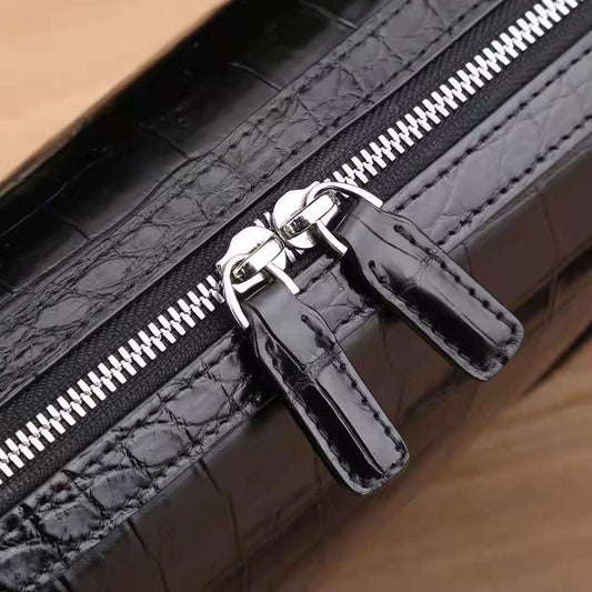 Handmade crocodile belly leather briefcase by Don John, stylish men's business laptop bag with a sleek, professional design.