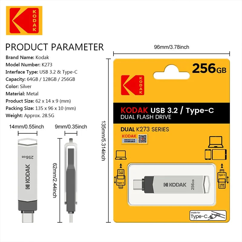 K273 USB 3.2 Type C Pendrive Metal U-disk Portable 2in1 32GB/64GB/128GB/256GB USB Flash Drive