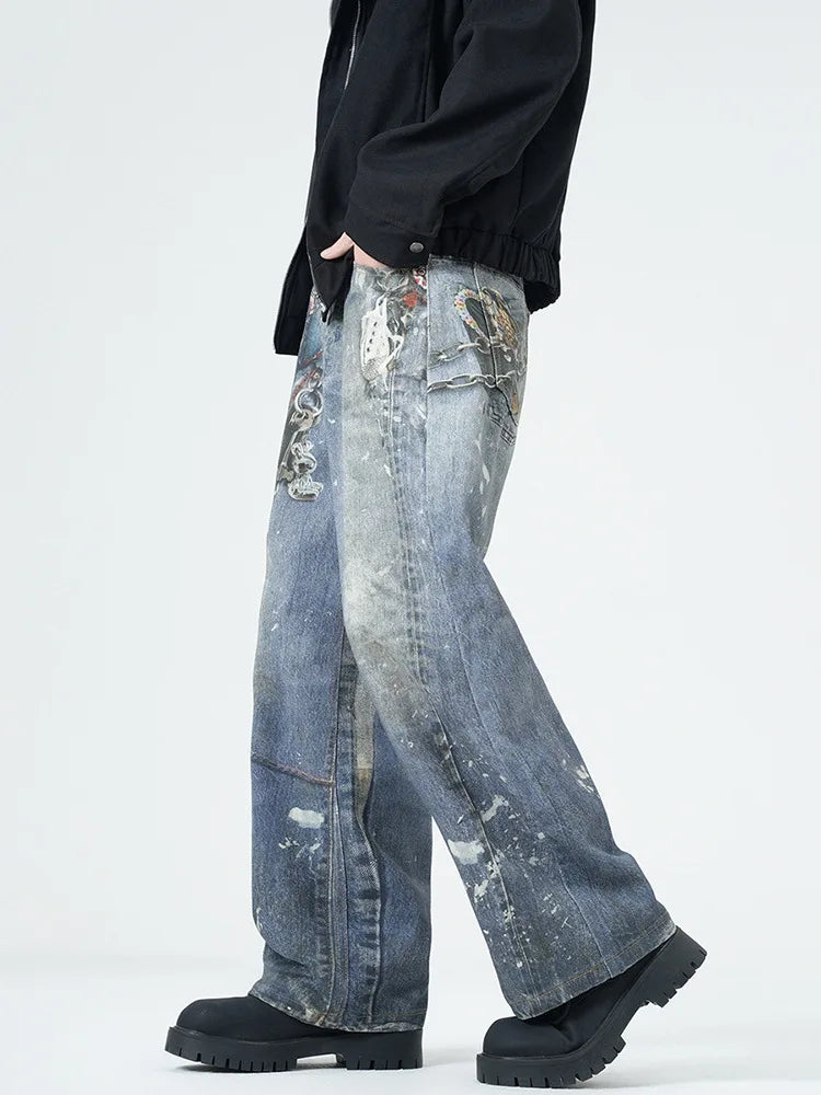 High Street's Distinctive Loose Straight Jeans for Men Vintage Real Shot Cutting Digital Printing Dark Denim Spring Popular