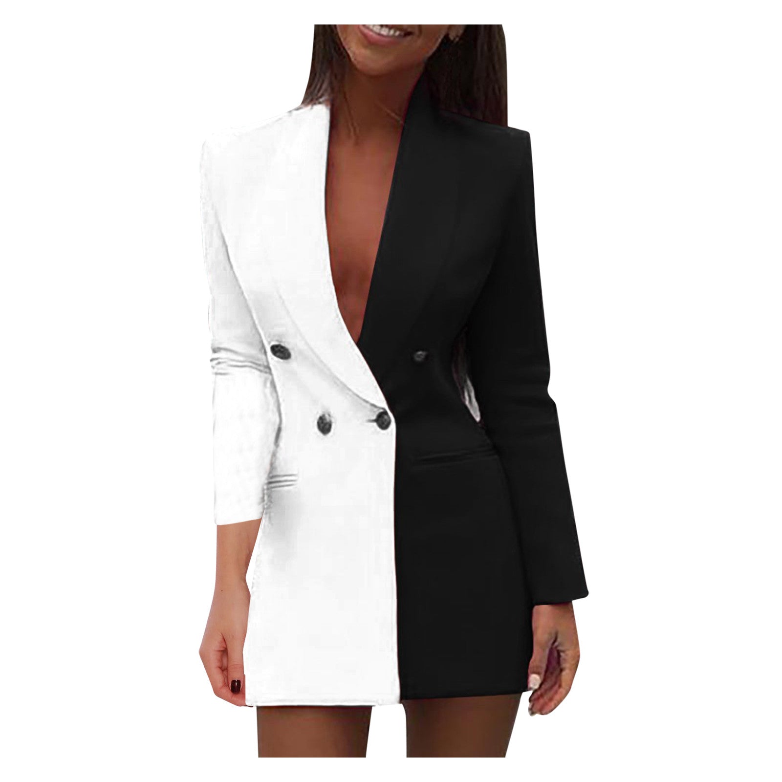 Fashion Color Block Patchwork Blazer Dresses for Women Spring Autumn Double Breasted Long Sleeve V Neck Slim Blazer Suit Dress