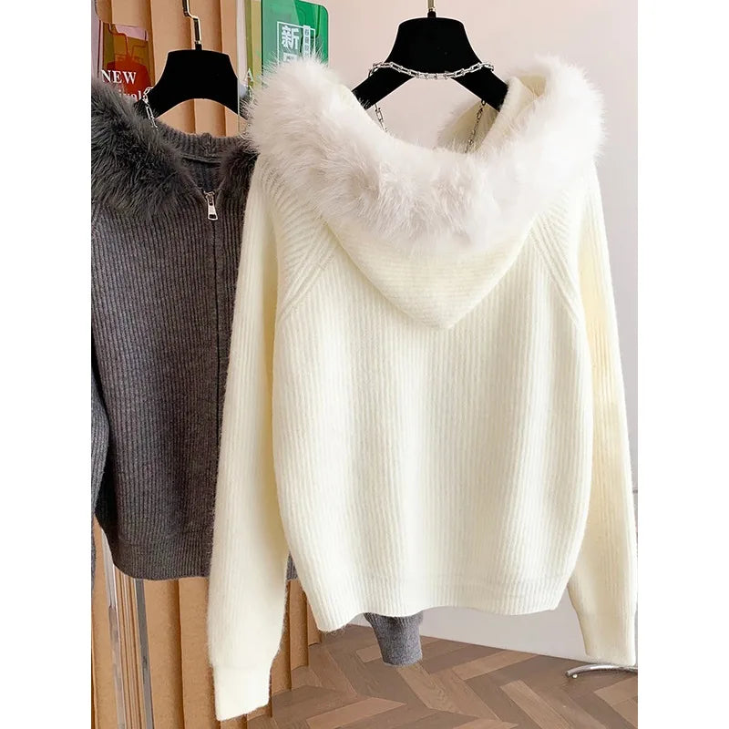 Wholesale Autumn 2026 New Fashion Elegant Casual Simple Solid Color Hooded Fur Collar Long Sleeve Women's Sweater