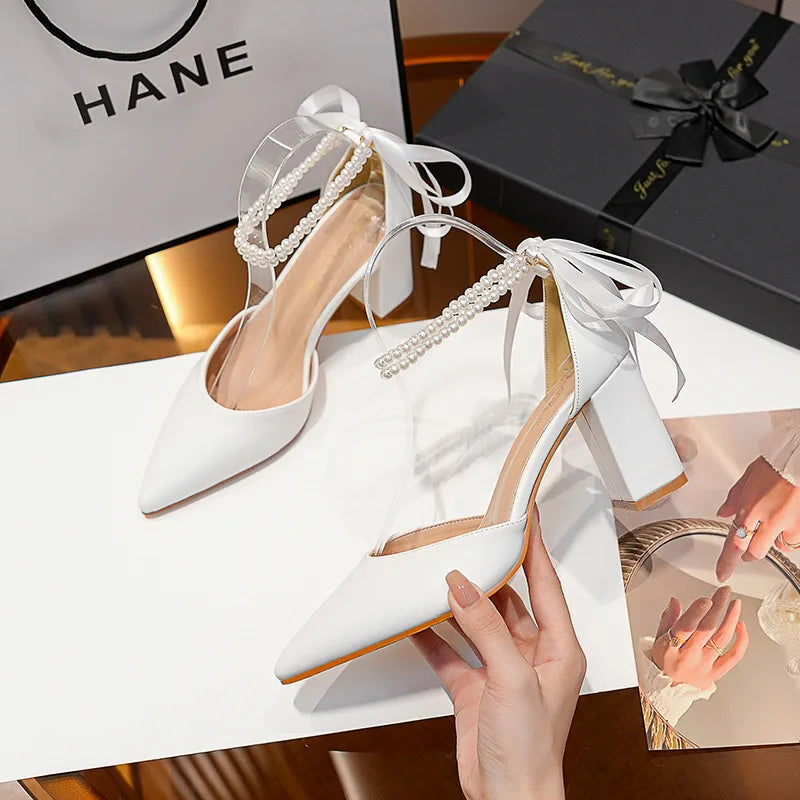 Women's Bridal Wedding High Heel Sandals White Thick Chunky Heel Hard-Wearing for Spring Autumn Summer 43