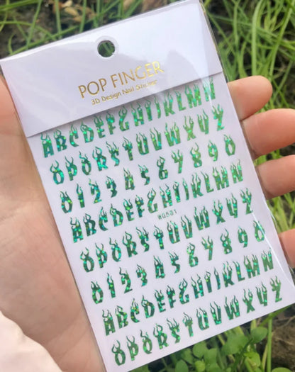 Black Gothic nail art stickers featuring Old English font alphabet letters for decorative nail decoration by Blushimmer.