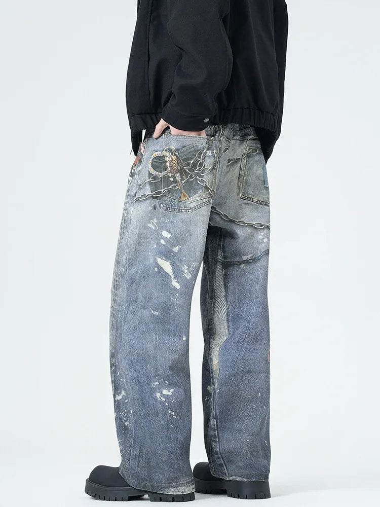 High Street's Distinctive Loose Straight Jeans for Men Vintage Real Shot Cutting Digital Printing Dark Denim Spring Popular