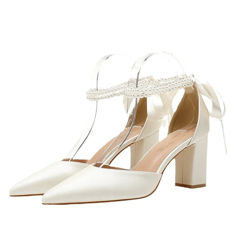 Women's Bridal Wedding High Heel Sandals White Thick Chunky Heel Hard-Wearing for Spring Autumn Summer 43