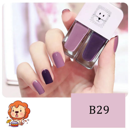 Blurred image of Blushimmer 2-in-1 candy color water-based nail polish with bright, quick-dry, waterproof finish on nails.