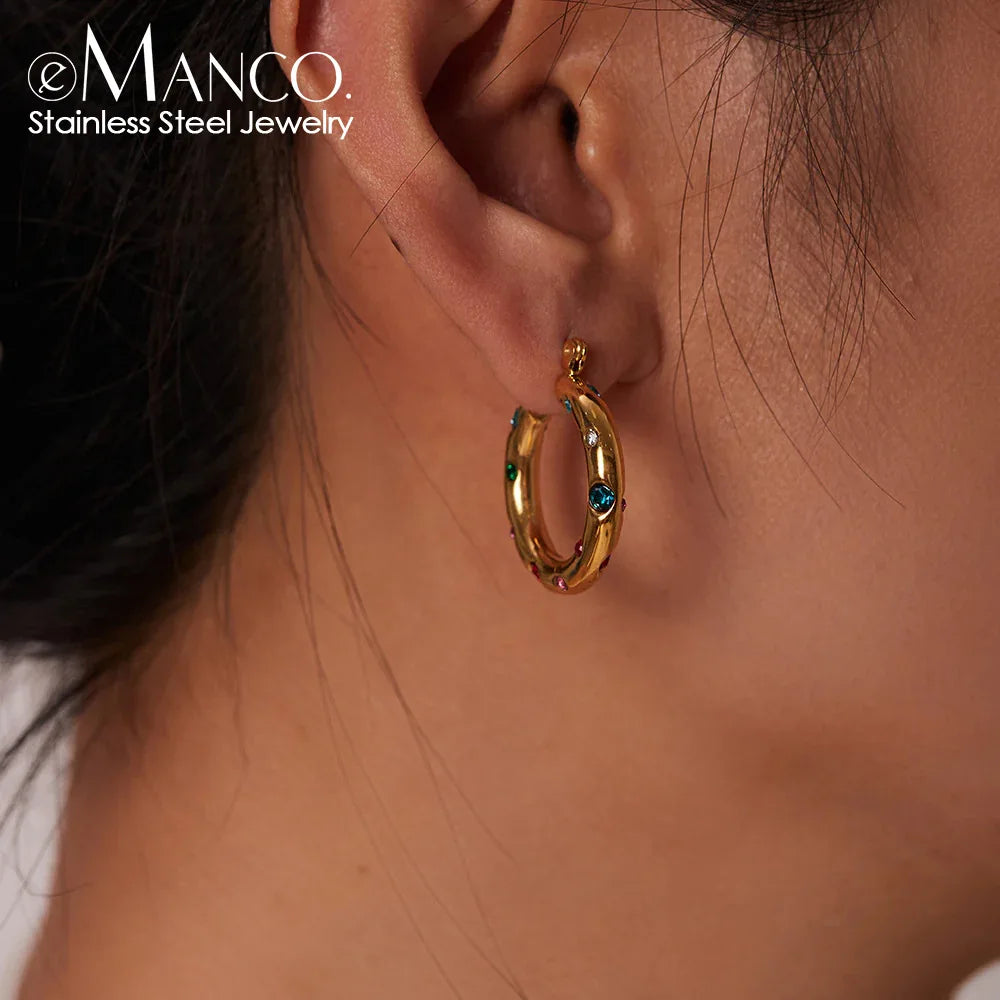 EManco Tarnish-Free Colorful Zircon Freshwater Pearl Huggie Hoop Earrings Gold Plated Stainless Steel Statement Earrings Trendy