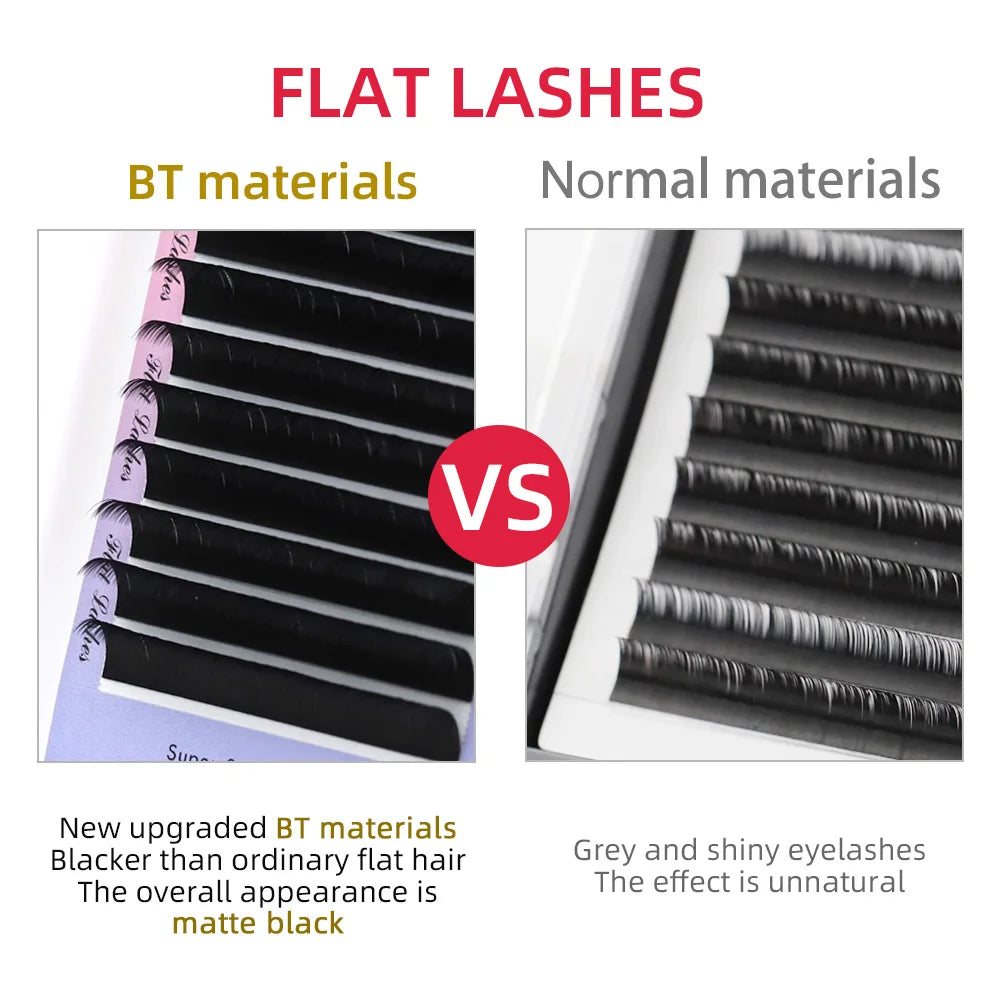 Close-up of AGUUD Matte Dark Black Ellipse Flat Lashes by Blushimmer, featuring double split tips and varying curl options.