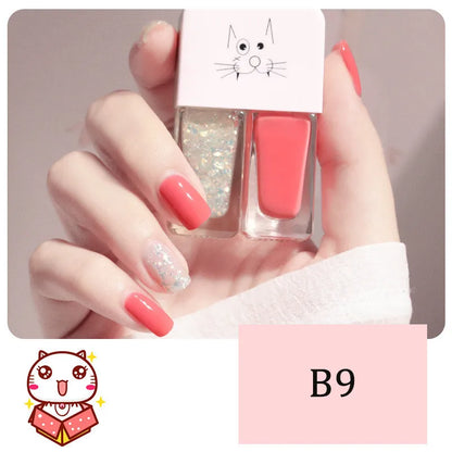 Blushimmer 2-in-1 candy color nail polish with water-based formula, bright finish, quick dry, waterproof, and long-lasting on nails.