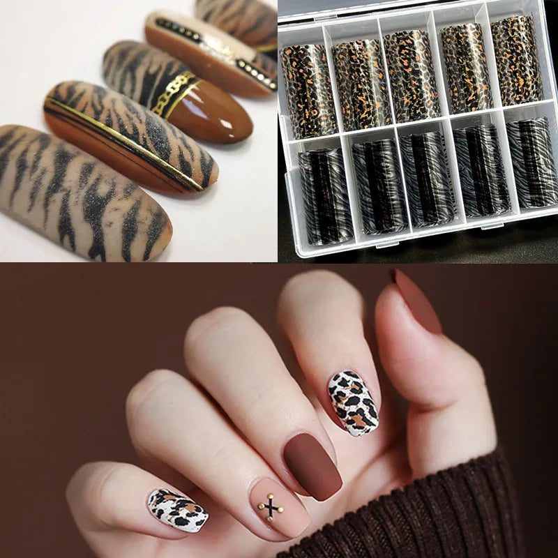 Blushimmer leopard print nail foils with snake skin design, decorative transfer paper for amber and animal nail art manicure set