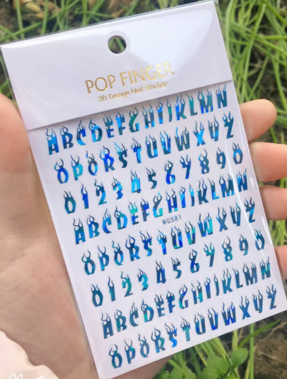 Black Gothic Nail Art Stickers with Old English Letter Transfers by Blushimmer, decorative goth-themed nail sticker decals.