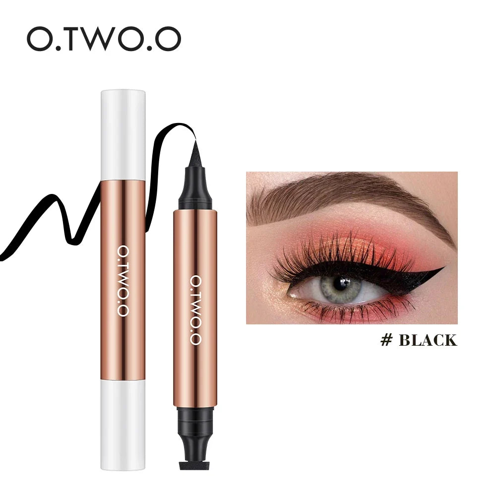 Black waterproof liquid double-ended eyeliner stamp pen by Blushimmer, featuring precise applicator tips for defined eye looks.