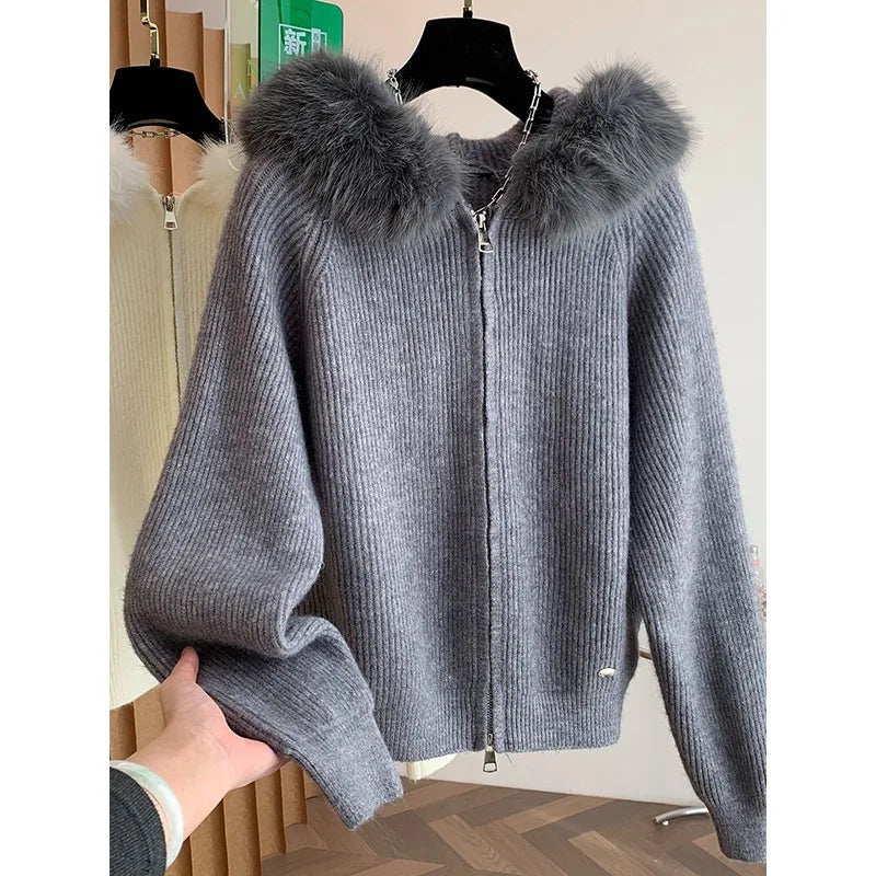 Wholesale Autumn 2026 New Fashion Elegant Casual Simple Solid Color Hooded Fur Collar Long Sleeve Women's Sweater