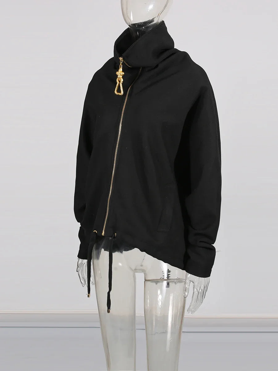 TWOTWINSTYLE Chic Splicing Personalized Zippers Trench Women Breathable Lapel Collar Long Sleeve Loose Coat Fashion