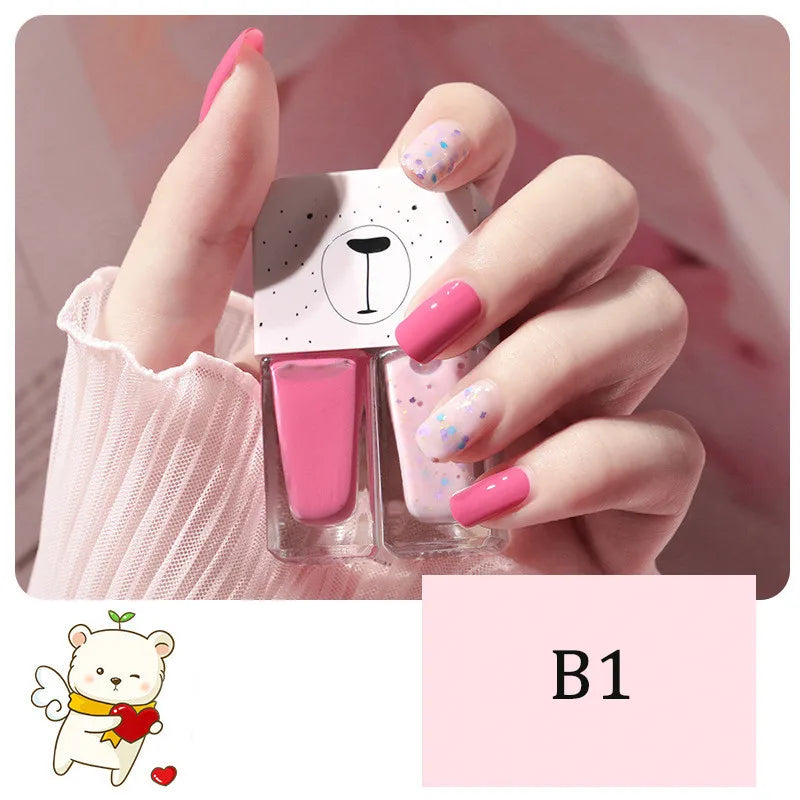 Blushimmer 2-in-1 candy color water-based nail polish with bright, quick-drying, waterproof, and long-lasting finish, shown on nails.