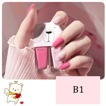 Blushimmer 2-in-1 candy color water-based nail polish with bright, quick-drying, waterproof, and long-lasting finish, shown on nails.