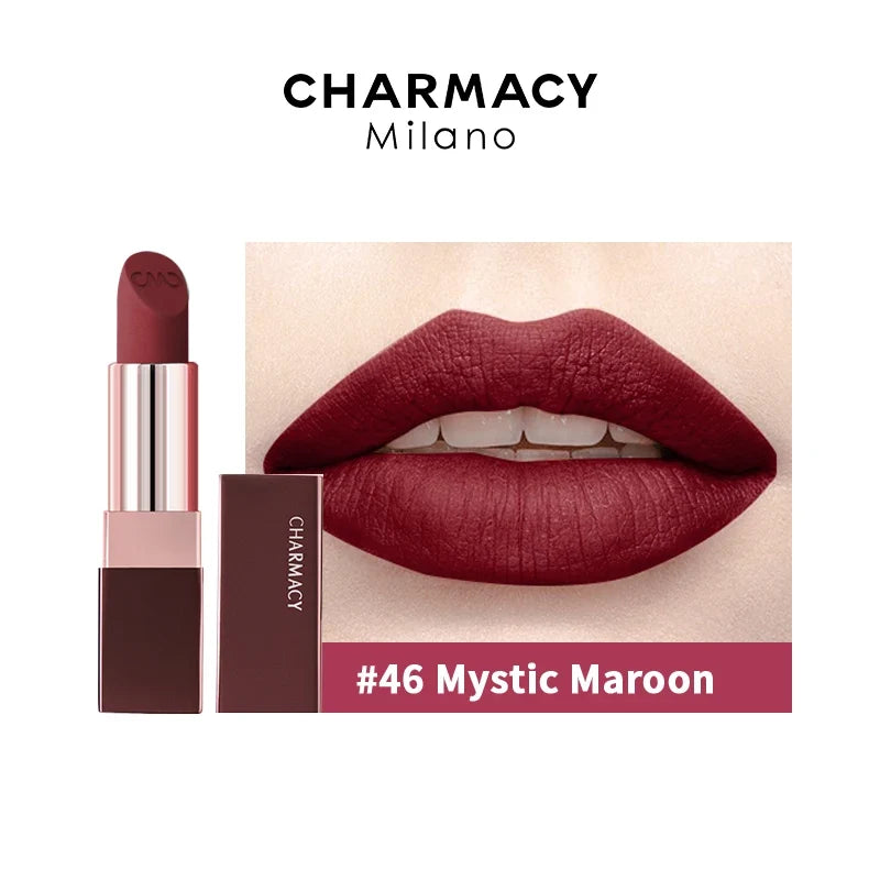 Blushimmer Charmacy matte red velvet lipstick, durable and easy to wear lip color, natural finish, perfect for women’s makeup.