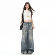 High Street's Distinctive Loose Straight Jeans for Men Vintage Real Shot Cutting Digital Printing Dark Denim Spring Popular