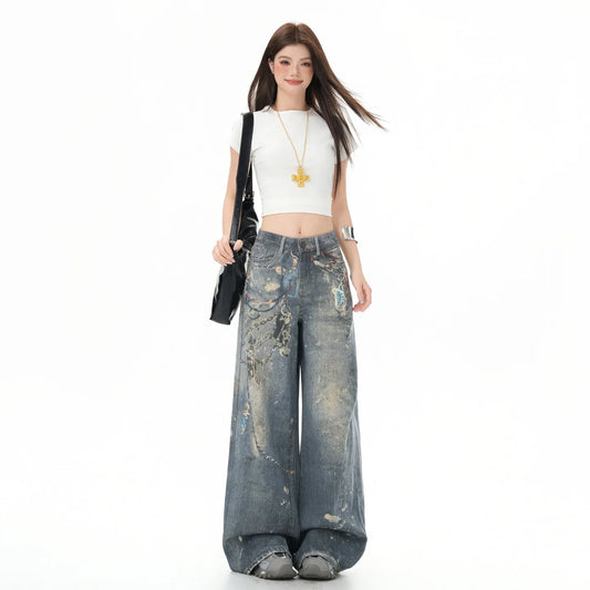 High Street's Distinctive Loose Straight Jeans for Men Vintage Real Shot Cutting Digital Printing Dark Denim Spring Popular