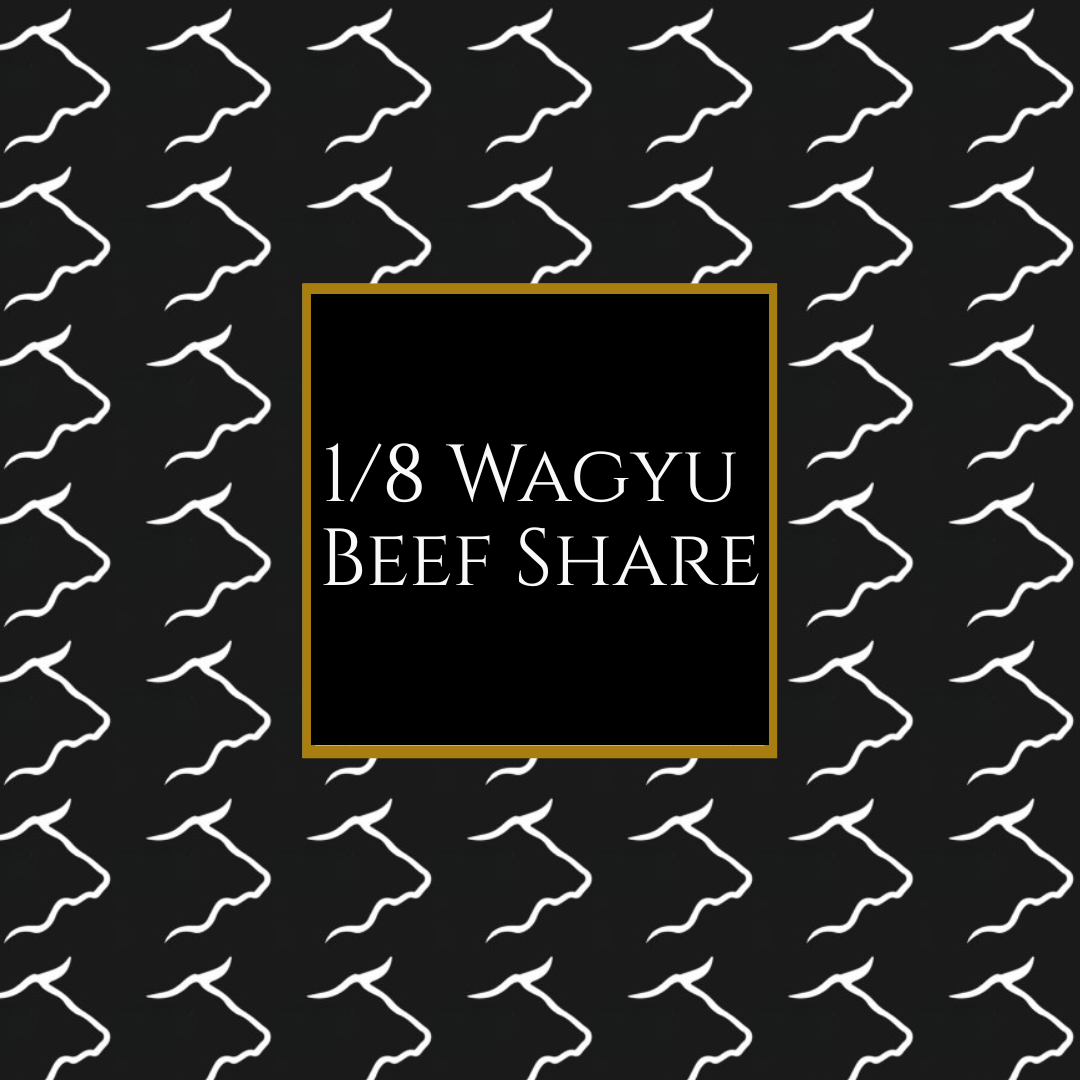 Five Oaks Farm Wagyu beef steak and snack collection with various Wagyu cuts and snacks on a wooden board.