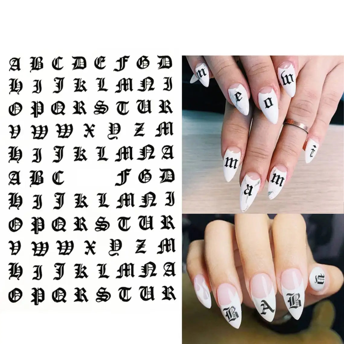 Black Gothic letter nail art stickers with Old English font, perfect for nail decoration and Gothic-themed nail designs.