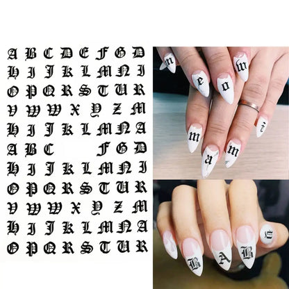 Black Gothic letter nail art stickers with Old English font, perfect for nail decoration and Gothic-themed nail designs.