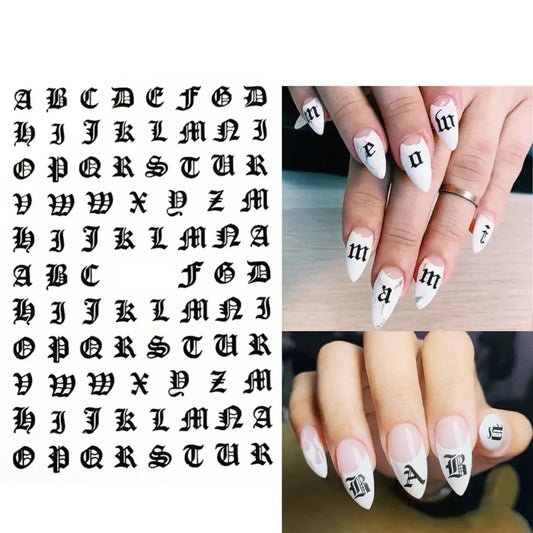 Black Gothic letter nail art stickers with Old English font, perfect for nail decoration and Gothic-themed nail designs.