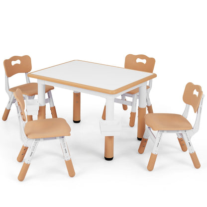 Kids table and four chairs set with adjustable height, featuring colorful plastic seats and a sturdy wooden table for children.