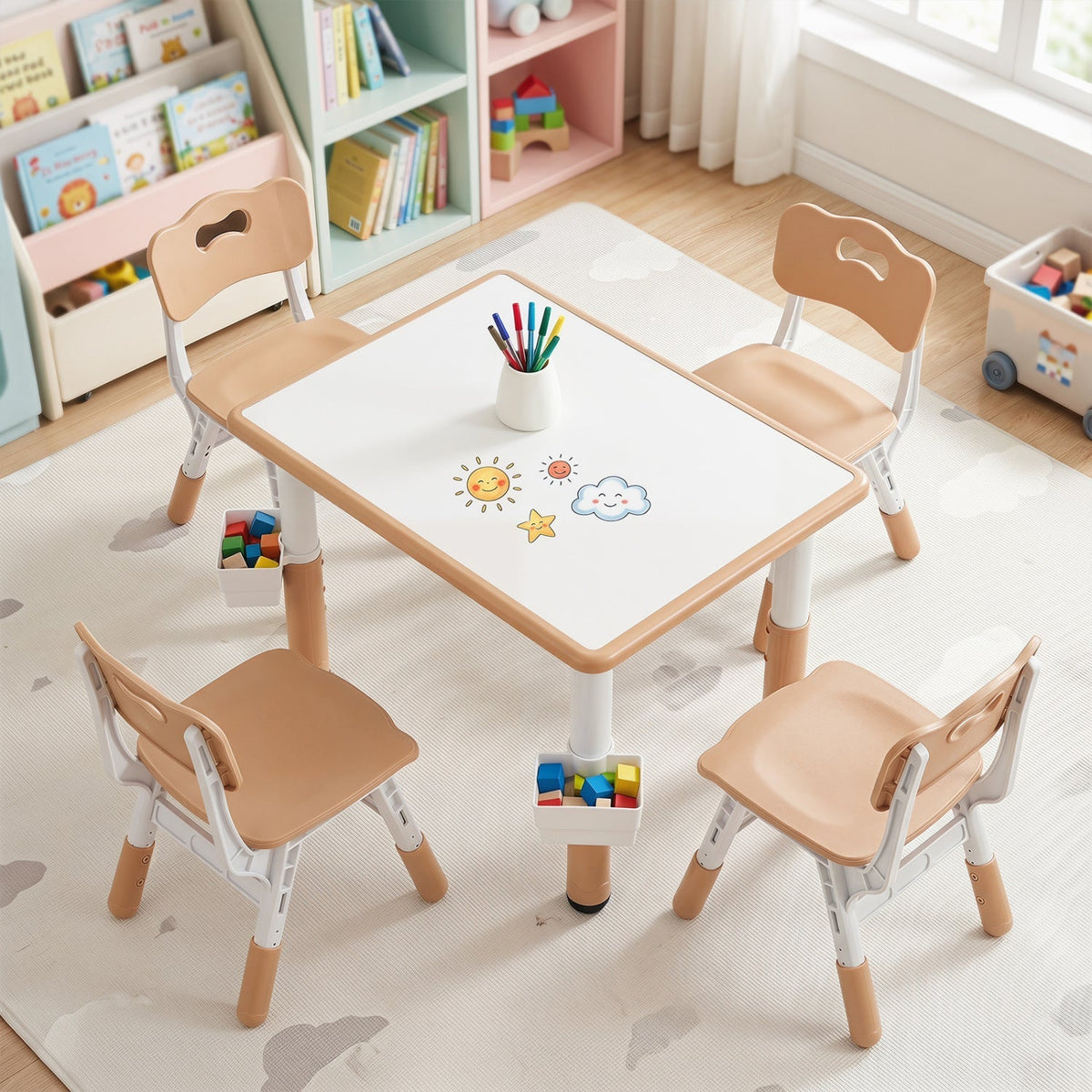 Kids table and four chairs set with adjustable height from GBruno Store, featuring colorful, child-friendly design and sturdy construction.