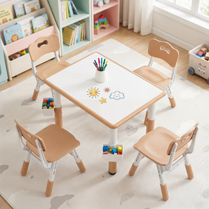 Kids table and four chairs set with adjustable height, featuring colorful plastic seats and a sturdy wooden table, ideal for children.