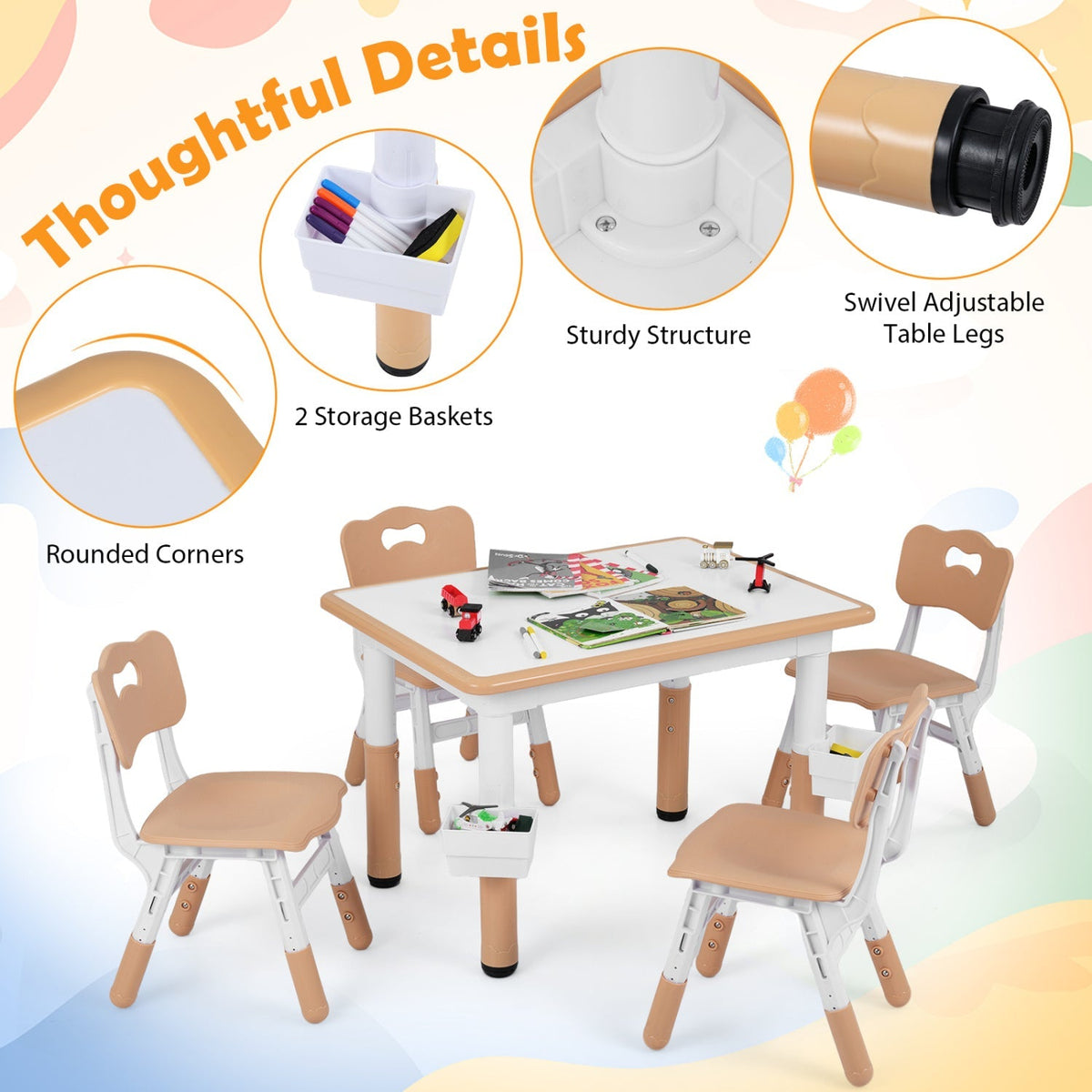 Adjustable height kids table with four matching chairs in a colorful, child-friendly design, perfect for play and learning spaces.