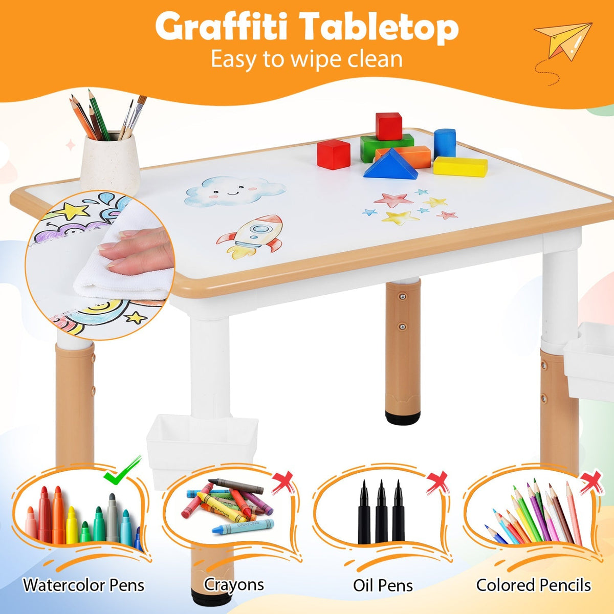 Kids table and four chairs set with adjustable height from GBruno Store, showing a colorful table and matching chairs for children.