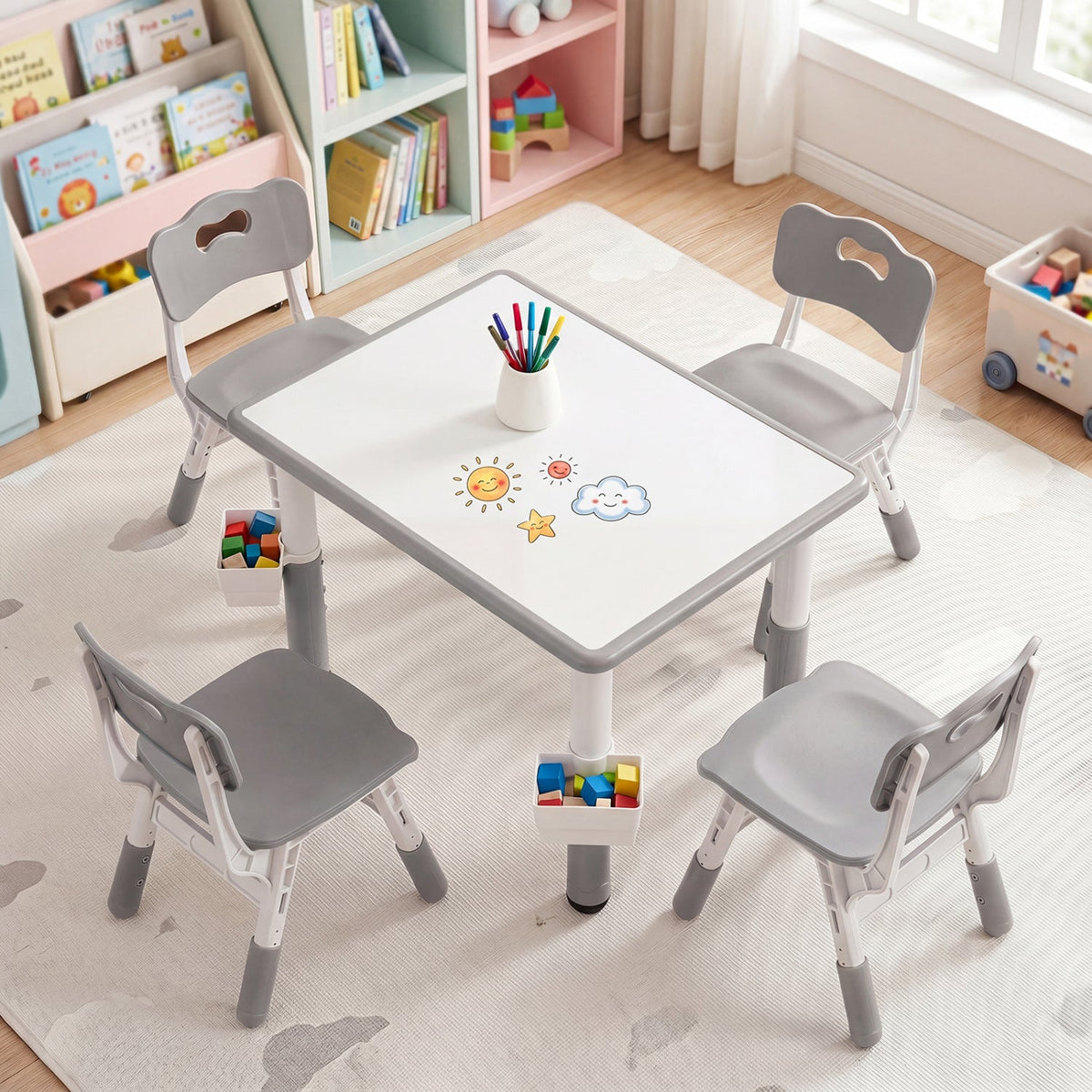 Kids table and four chairs set with adjustable height, made by GBruno Store, featuring colorful, child-friendly design and sturdy construction.