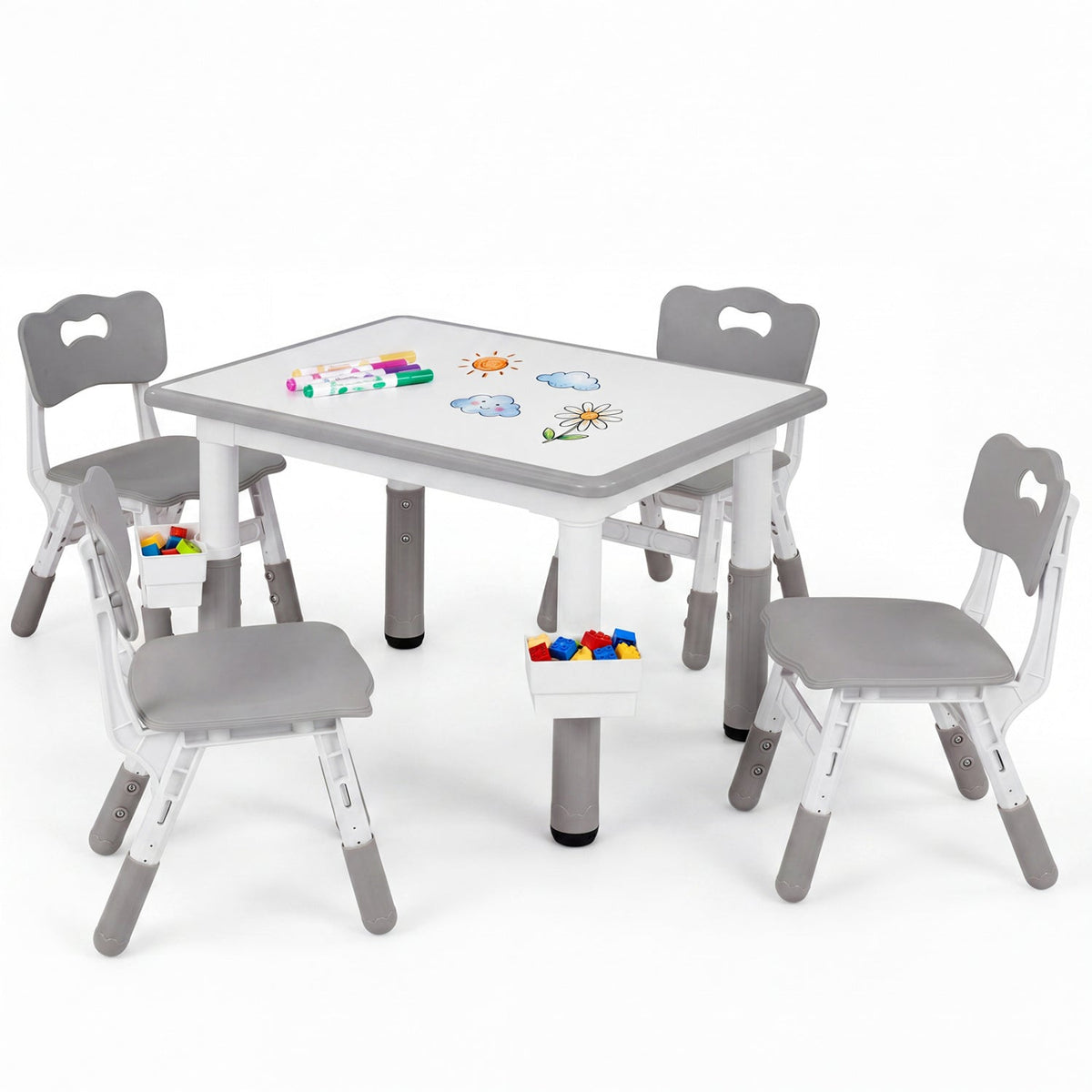 Kids table and four chairs set with adjustable height, featuring colorful plastic seats and sturdy wooden table, ideal for children.