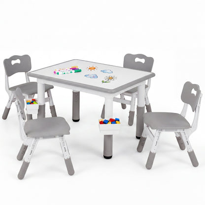 Kids table and four chairs set with adjustable height, featuring colorful plastic seats and sturdy wooden table, ideal for children.