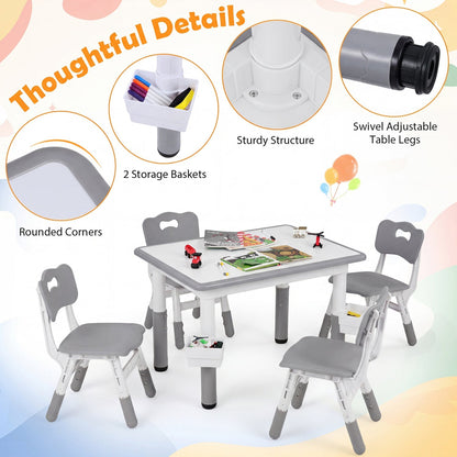 Kids table and four chairs set with adjustable height, featuring colorful plastic seats and a sturdy wooden table for children.