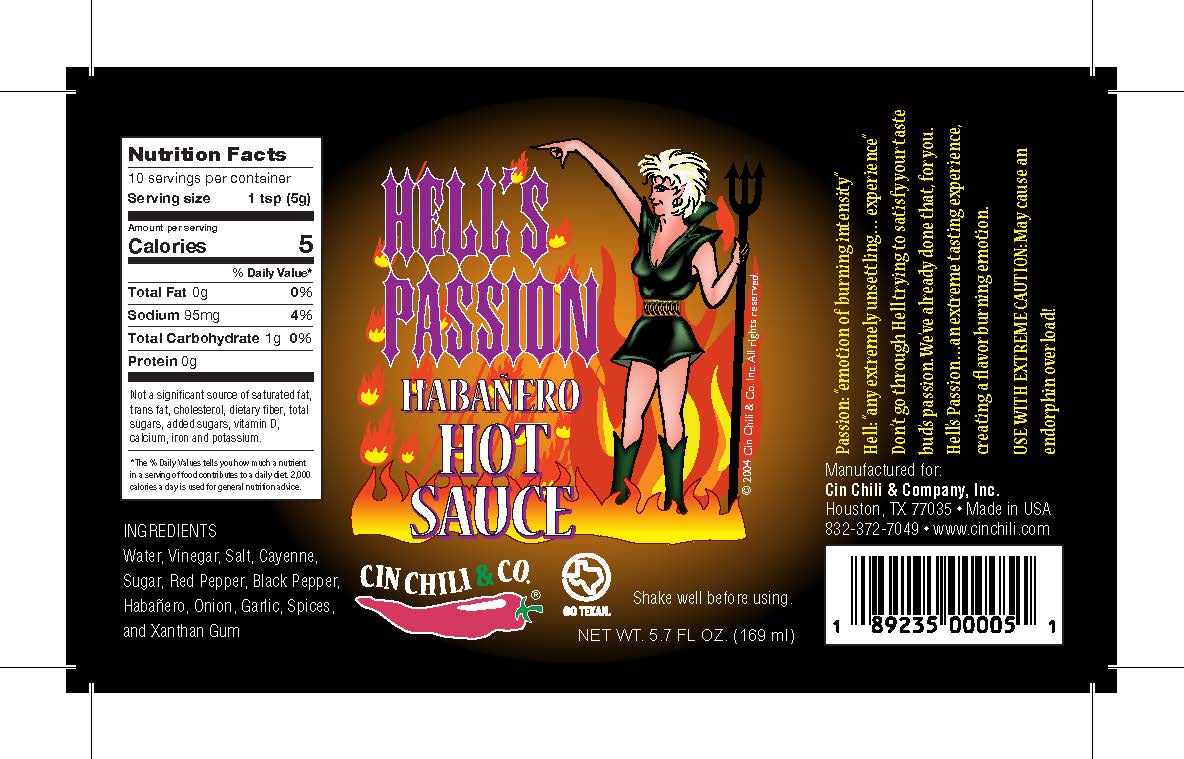 Cinderosa Ranch Hell's Passion Habanero Hot Sauce bottle with fiery red hot sauce inside, label featuring flames and chili peppers