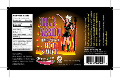 Cinderosa Ranch Hell's Passion Habanero Hot Sauce bottle with fiery red hot sauce inside, label featuring flames and chili peppers