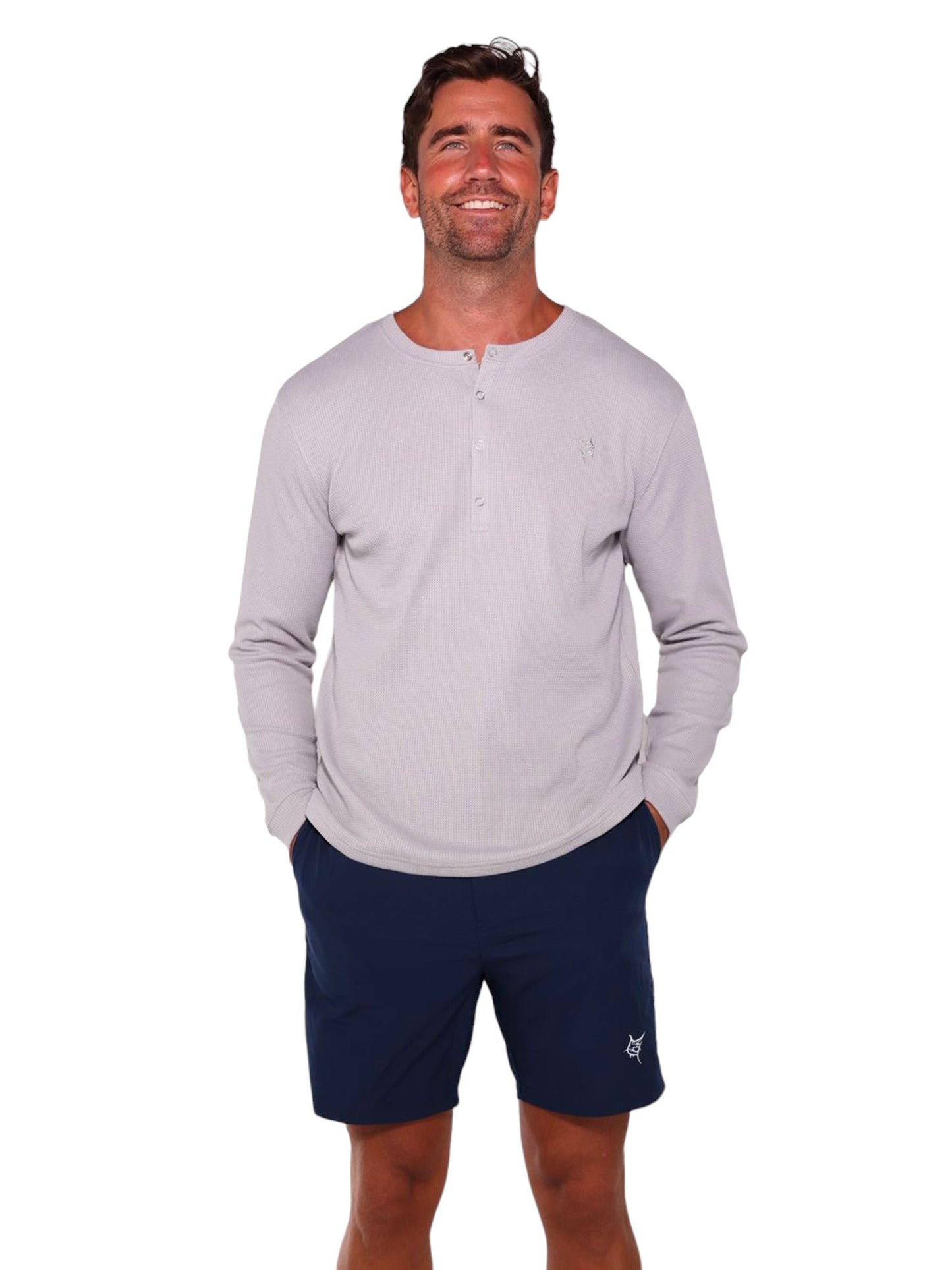 White Water Life Mystic Henley long sleeve shirt with a buttoned neckline and casual fit, shown in a front view.