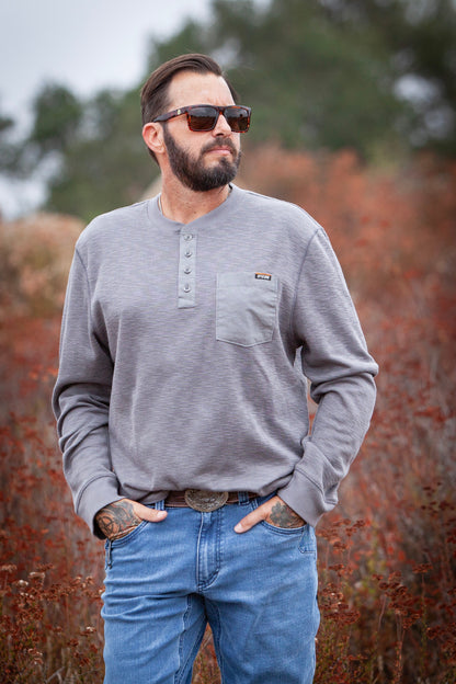 Off The Grid Surplus Draper Henley shirt in Castlerock color, long-sleeve casual shirt with button placket and ribbed cuffs.