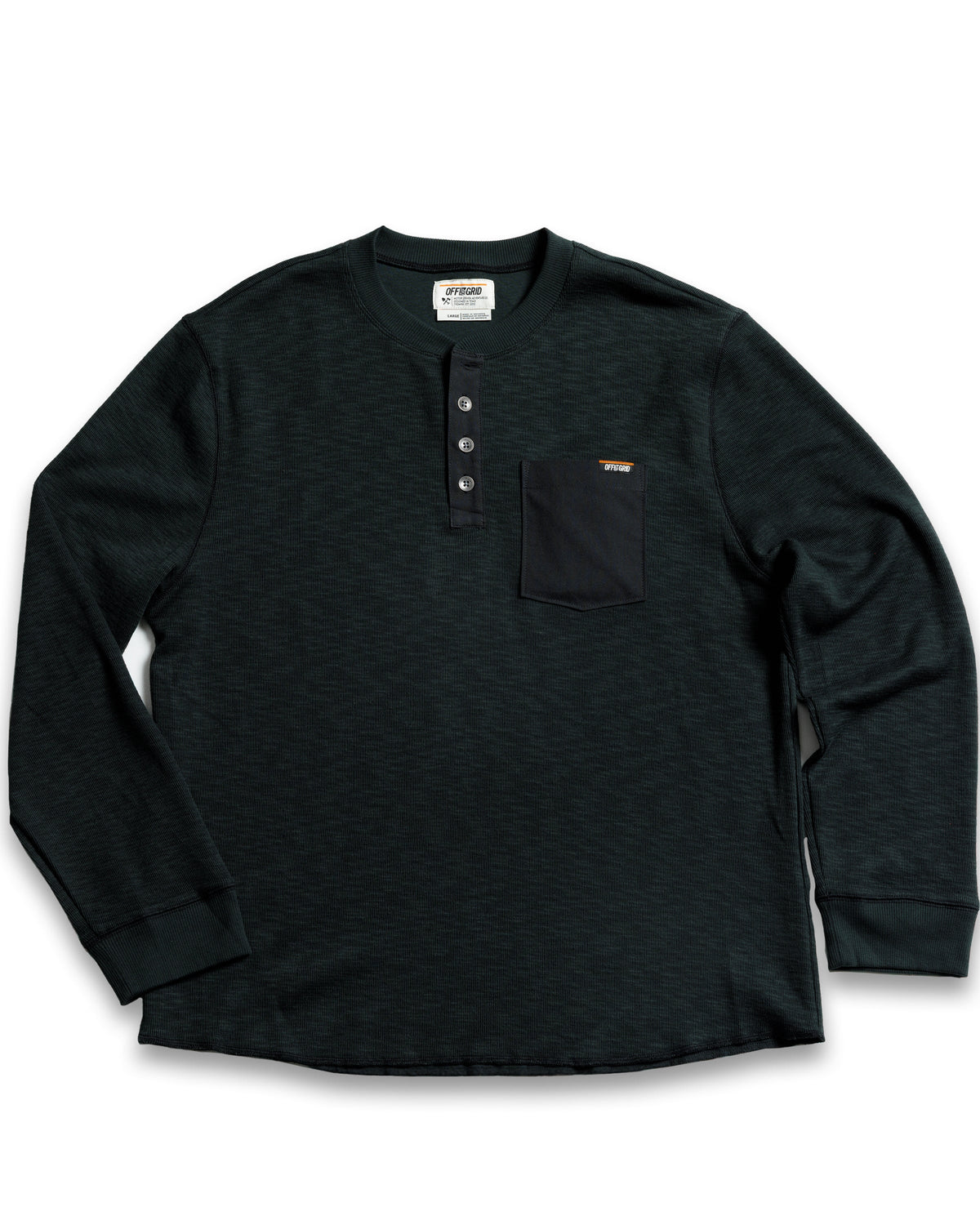 Off The Grid Surplus Draper Henley long-sleeve shirt in vintage black, featuring a classic henley design with buttons and long sleeves.