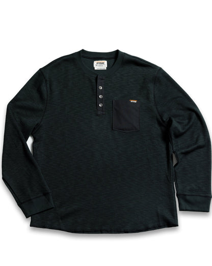 Off The Grid Surplus Draper Henley long-sleeve shirt in vintage black, featuring a classic henley design with buttons and long sleeves.