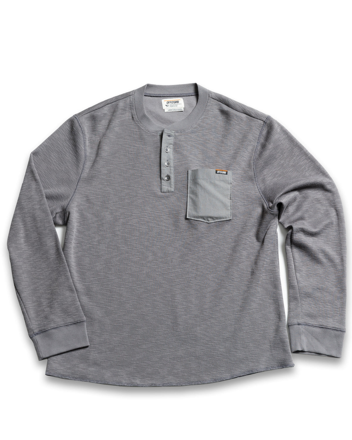 Long-sleeve Henley shirt in Castlerock color by Off The Grid Surplus, featuring a casual fit and buttoned neckline.