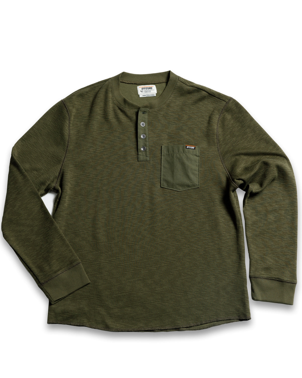Dark olive Draper Henley long sleeve shirt by Off The Grid Surplus, featuring a classic Henley design with buttoned neckline and comfortable fit.